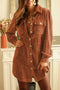 Khaki Corduroy Buttoned Long Sleeve Shirt Dress